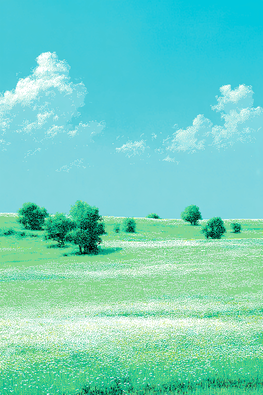 A sunny field with trees and blue sky.