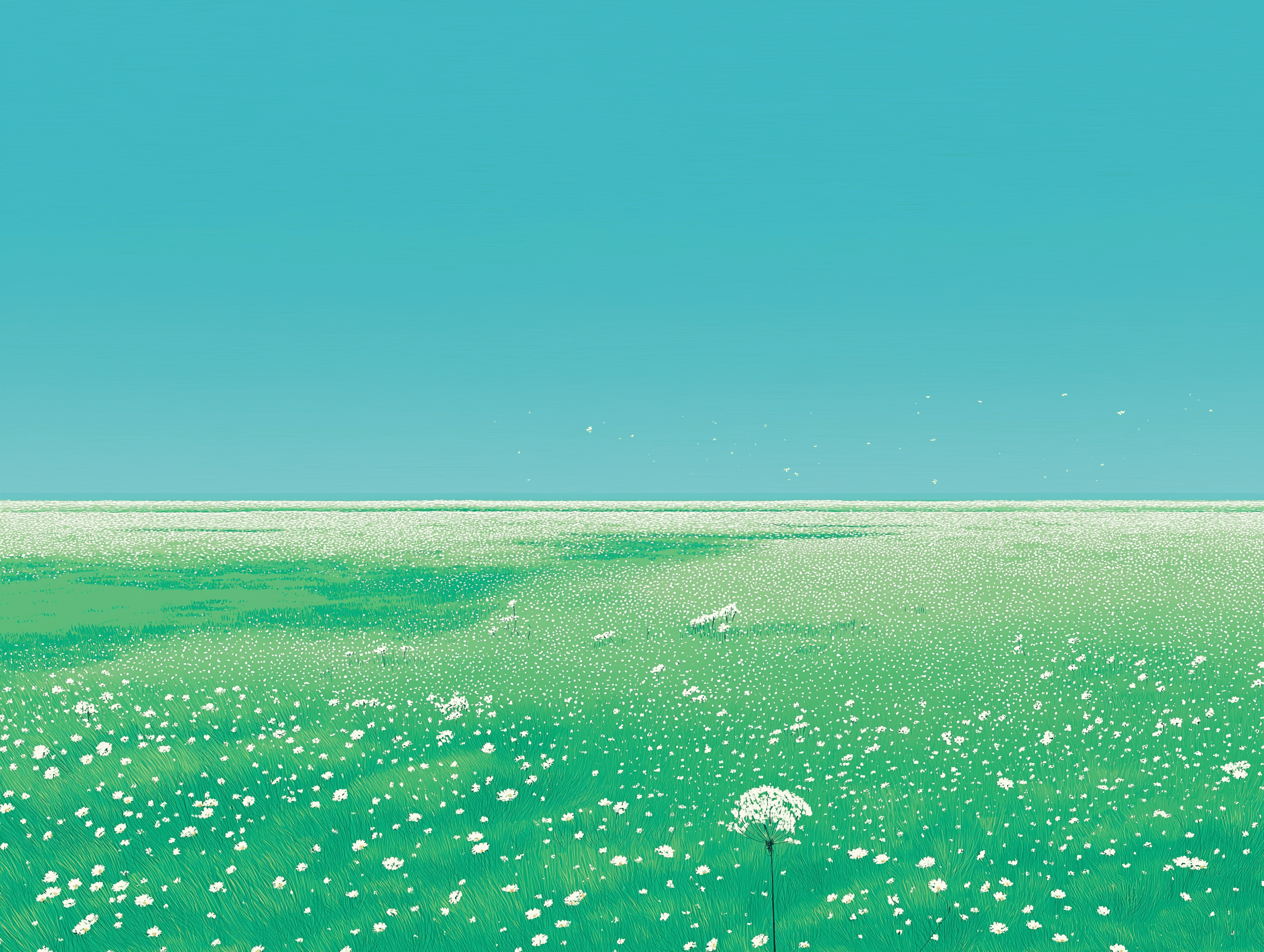 A bright green field under a vivid blue sky.